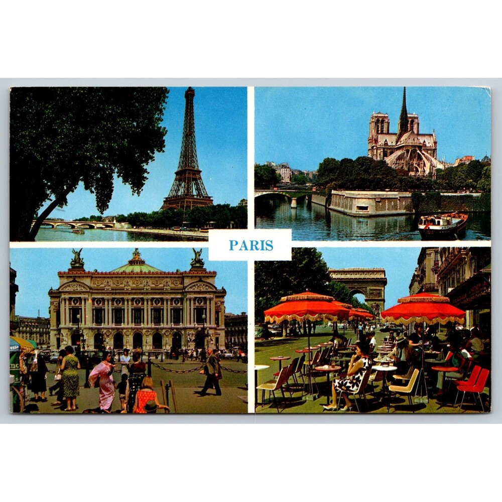 Vintage 1960s Paris Multi-View Postcard Eiffel Tower Notre Dame & Opera Posted